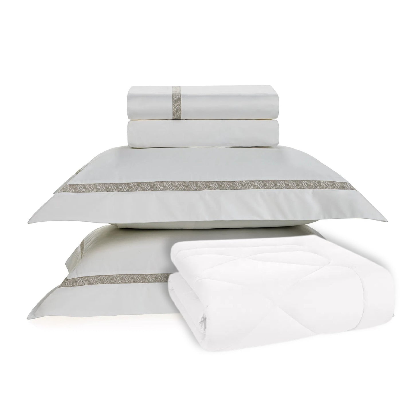 Bedding Kit 1000 Thread Thread Satin 100% Egyptian Cotton Mirtina White/Legno - Sheets + Pillowcases + Duvet